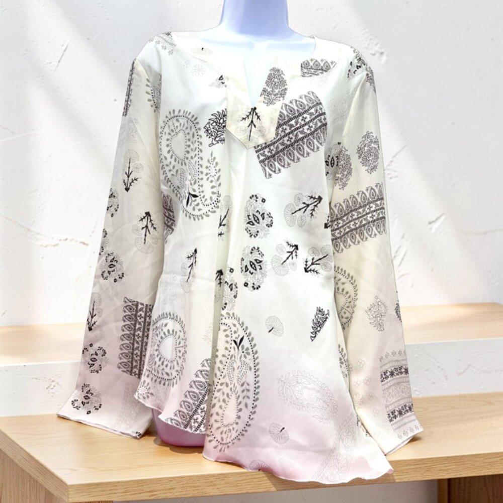 Fred David & Only Nine Blouse  XL V-Neck  pink Ivery  Flora Long Sleeve(#54 - Picture 10 of 10